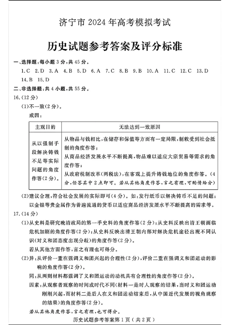 山东省济宁市2024届高三年级高考第三次模拟试题历史试卷+答案_2024年5月_01按日期_28号_2024届山东省济宁市高三年级高考第三次模拟试题