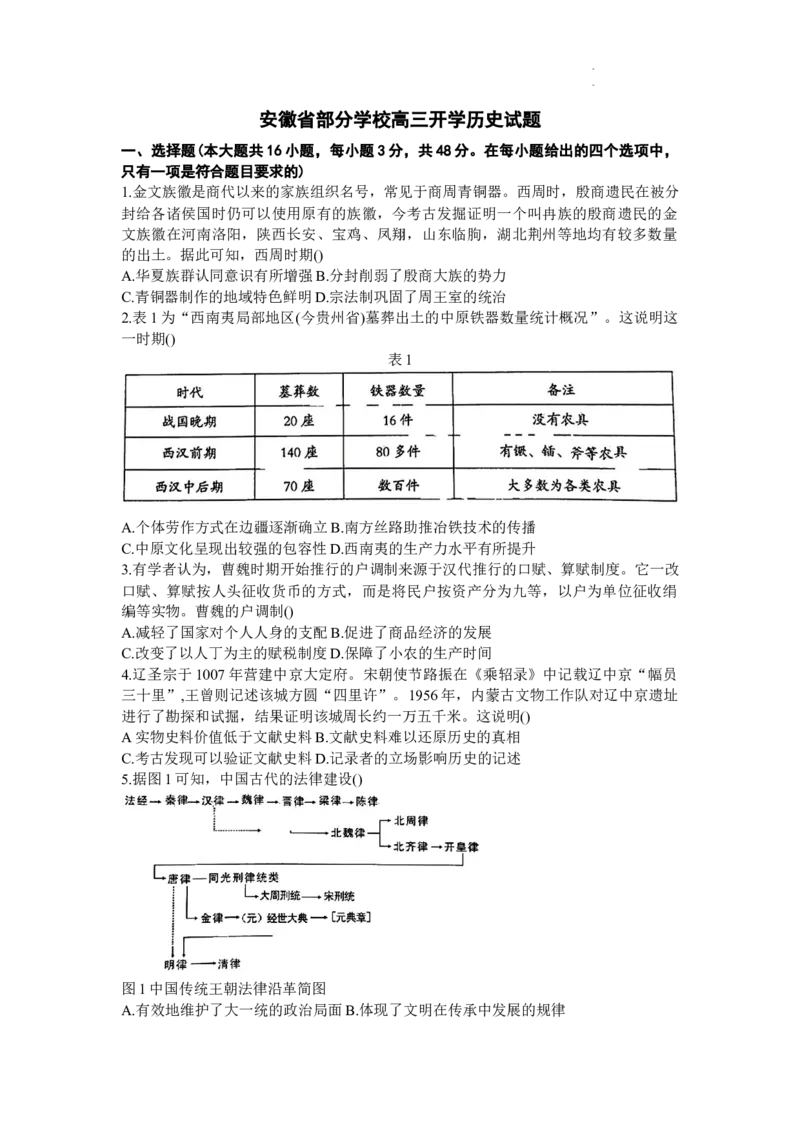 安徽省部分学校2023-2024学年高三下学期开学考试历史试题_2024年2月_01每日更新_22号_2024届1号卷A10联盟安徽高三开年考_1号卷A10联盟安徽2024届高三开年考历史