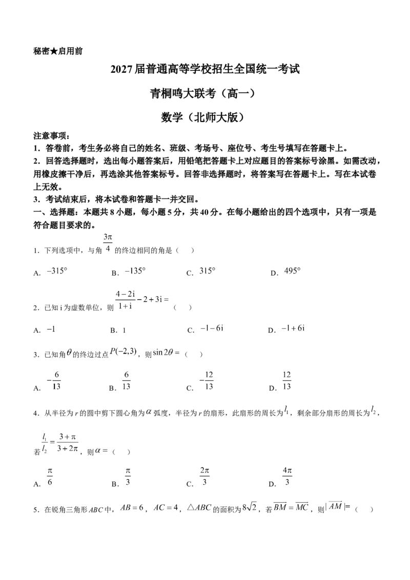河南省驻马店市青桐鸣大联考2024-2025学年高一下学期5月月考数学试题（北师大版）(含详解)_2024-2025高一（7-7月题库）_2025年6月7.10新增