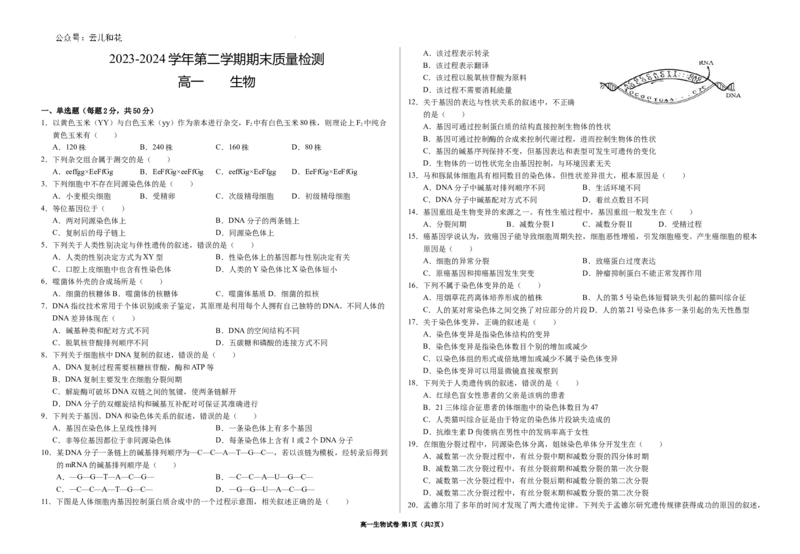 甘肃省武威市2023-2024学年高一下学期期末质量检测生物试卷_2024-2025高一（7-7月题库）_2024年8月试卷_0811甘肃省武威市2023-2024学年高一下学期期末质量检测