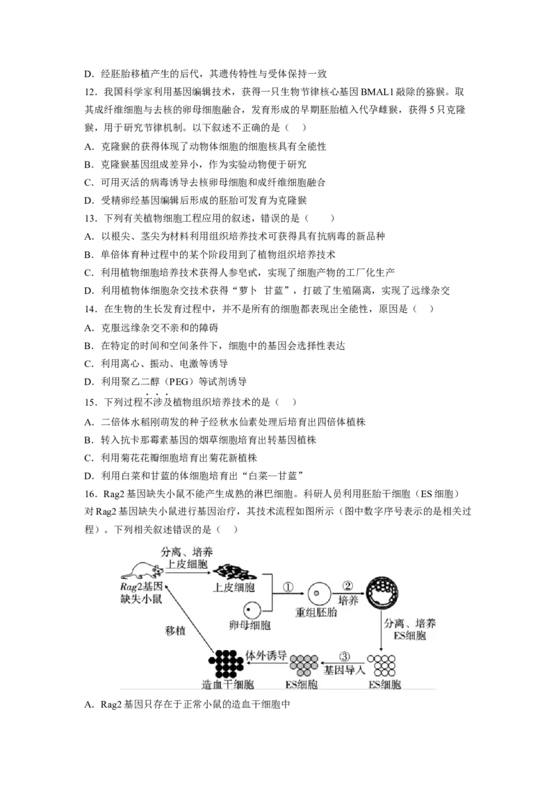 第2章细胞工程（基础突破卷）-2022-2023学年高二生物基础与培优高效突破测试卷（人教版2019选择性必修3）（原卷版）_E015高中全科试卷_生物试题_选修3_1.单元测试_1.单元测试2023