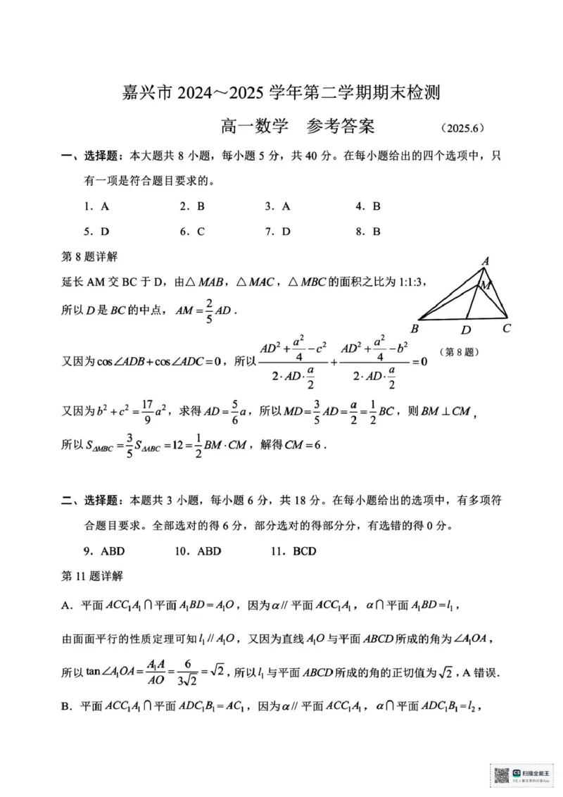 浙江省嘉兴市2024-2025学年高一下学期6月期末检测数学试题（PDF版，含答案）_2024-2025高一（7-7月题库）_2025年7月_250701浙江嘉兴市2024-2025学年高一下学期期末测试
