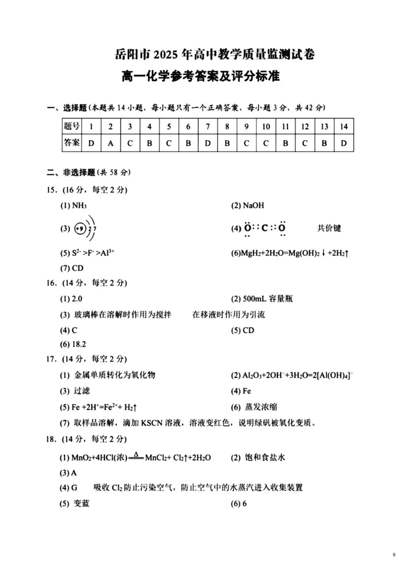 湖南省岳阳市2024-2025学年高一上学期期末考试化学试题（PDF版，含答案）_2024-2025高一（7-7月题库）_2025年03月试卷_0312湖南省岳阳市2024-2025学年高一上学期期末