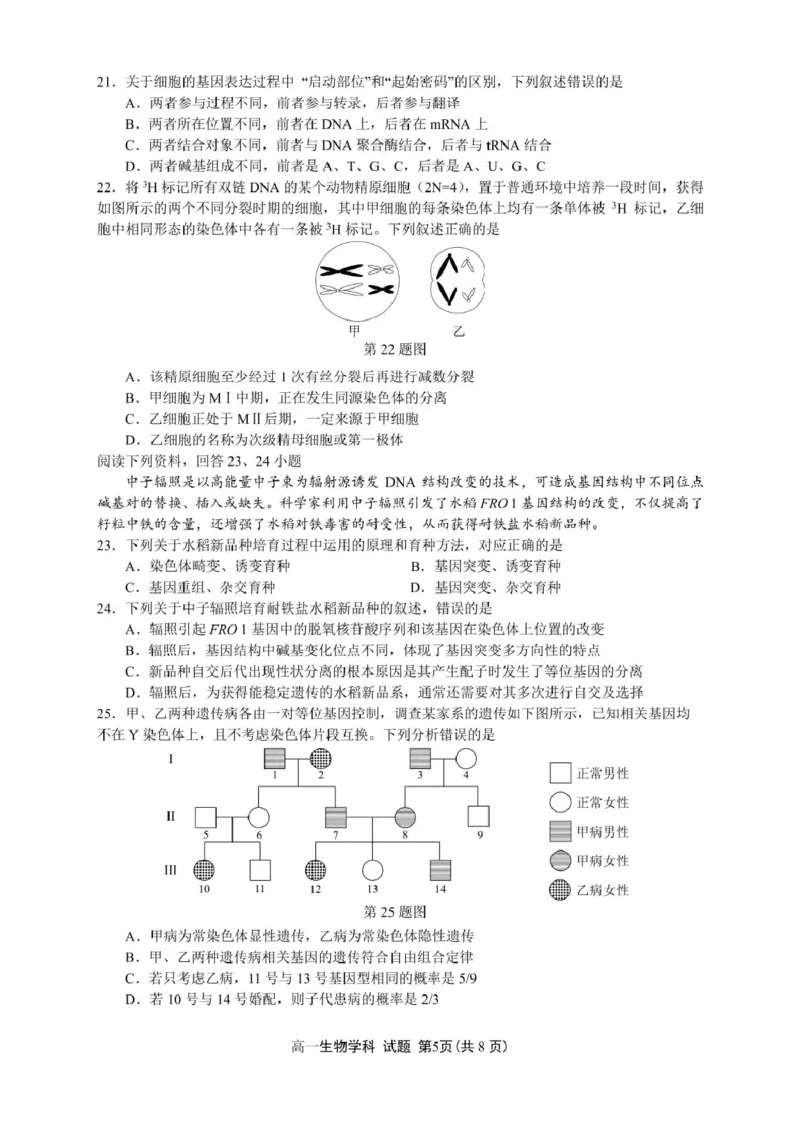 浙江省浙南名校2024-2025学年高一下学期4月期中联考生物试卷（PDF版，含答案）_2024-2025高一（7-7月题库）_2025年05月试卷_0522浙江省浙南名校2024-2025学年高一下学期4月期中联考试题
