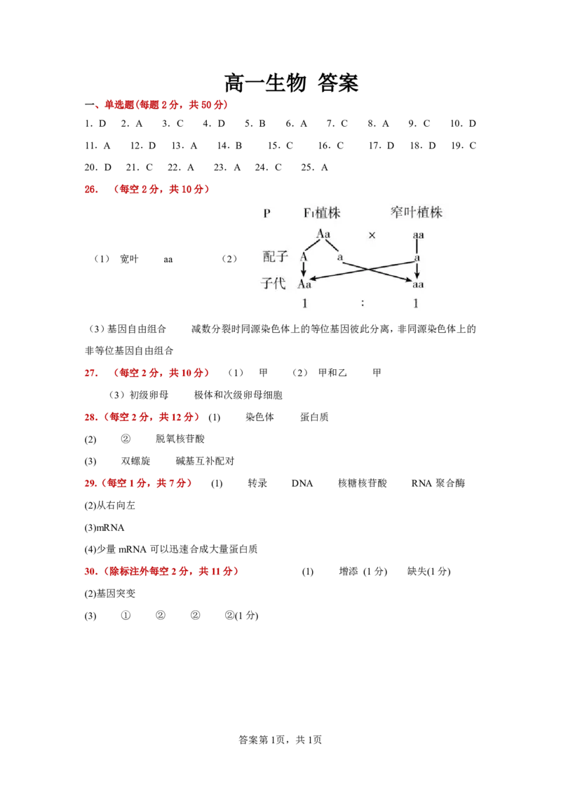 高一生物答案_2024-2025高一（7-7月题库）_2024年8月试卷_0811甘肃省武威市2023-2024学年高一下学期期末质量检测