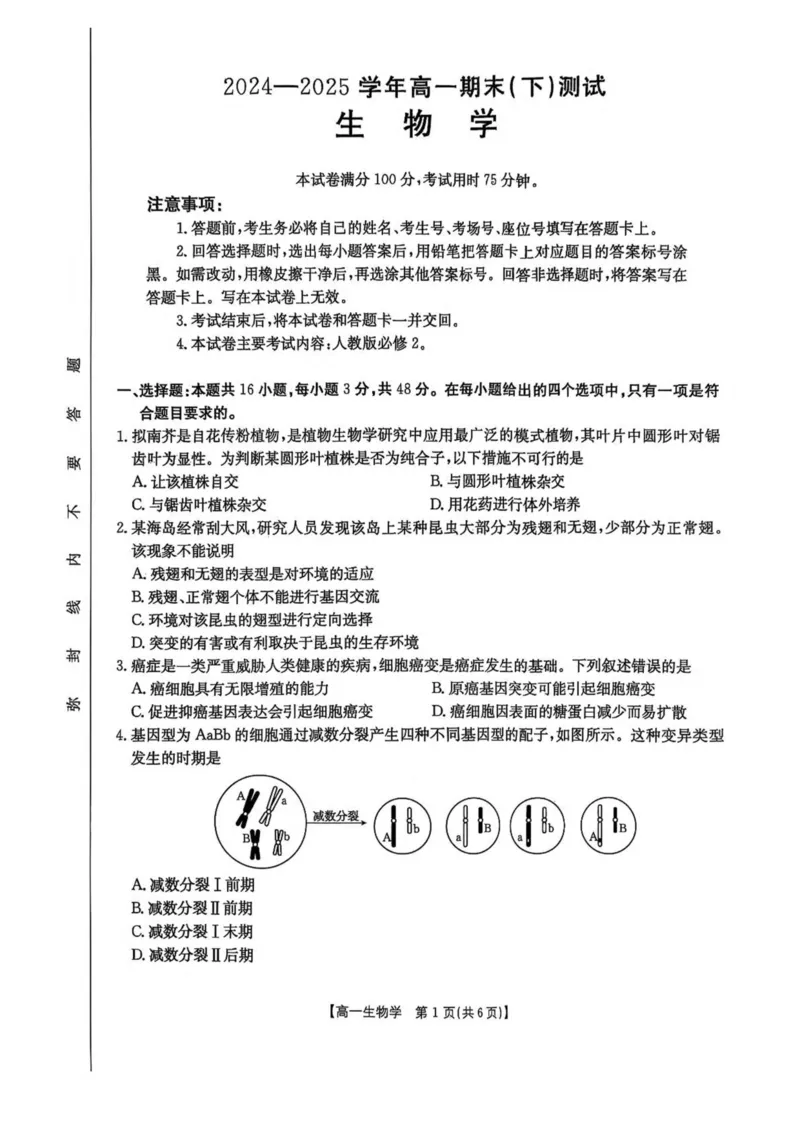 河南省新乡市2024-2025学年高一下学期7月期末测试生物试卷（扫描版，有解析）_2024-2025高一（7-7月题库）_2025年7月_250709河南省新乡市2024-2025学年高一下学期7月期末测试