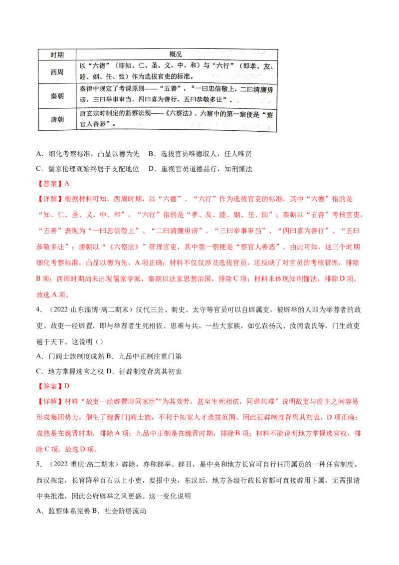 第二单元官员的选拔与管理（A卷&middot;知识通关练）（解析版）_E015高中全科试卷_历史试题_选修1_1.单元测试_单元测试AB卷2023年
