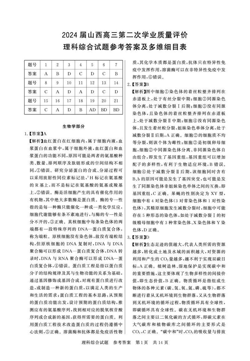 山西3月联考理综答案_2024年3月_013月合集_2024届山西省高三第二次学业质量评估_山西省2024届高三第二次学业质量评估理综