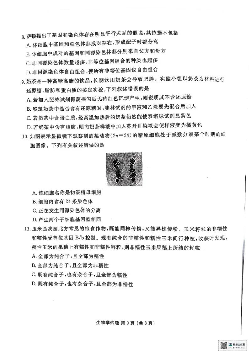 陕西省安康市2024-2025学年高一下学期4月期中生物试题（扫描版无答案）_2024-2025高一（7-7月题库）_2025年05月试卷_0510陕西省安康市2024-2025学年高一下学期4月期中考试