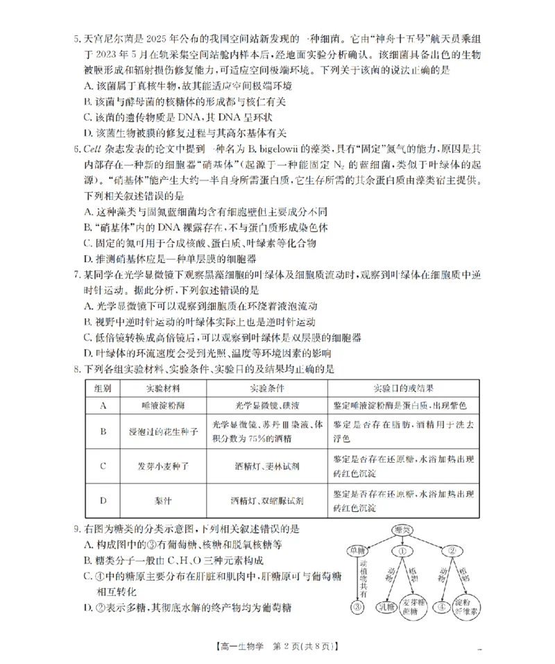 重庆市2025-2026学年高一上学期12月考试（26-160A）生物_2024-2025高一（7-7月题库）_2026年1月高一_260105金太阳&middot;重庆市2025-2026学年高一上学期12月考试（26-160A）（全）