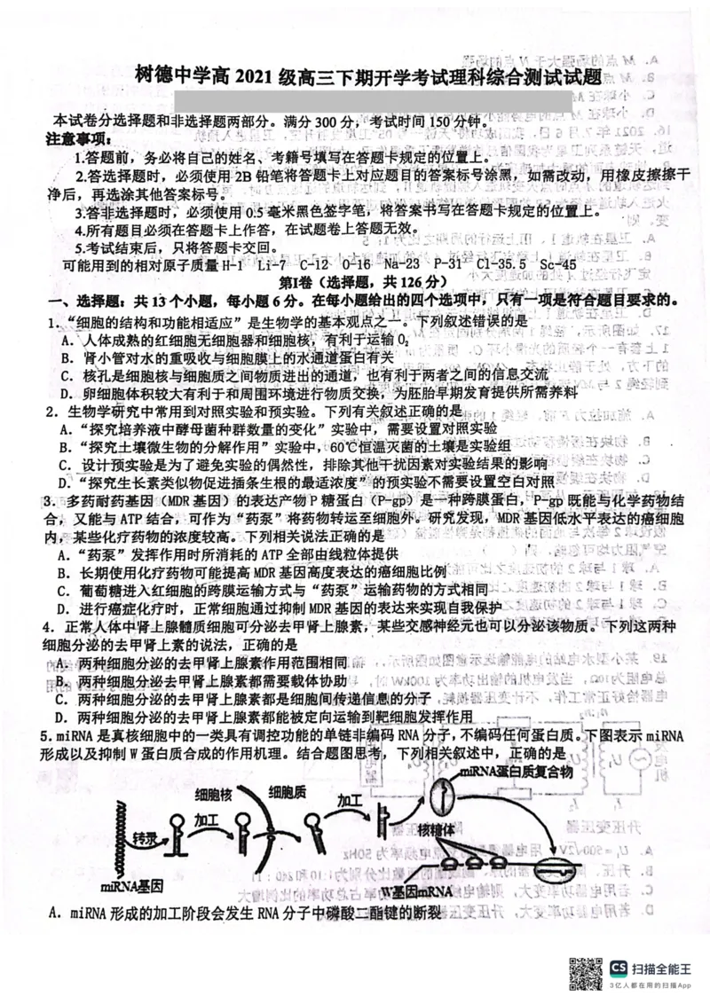 四川省成都市树德中学2024届高三下学期开学考试理综(1)_2024年2月_022月合集_2024届四川省成都市树德中学高三下学期开学考试