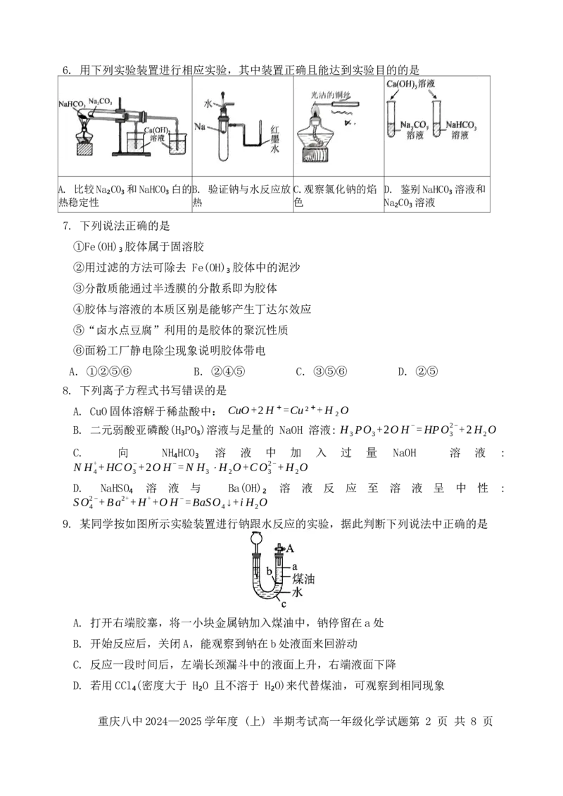 重庆市第八中学2024-2025学年高一上学期期中考试化学Word版含解析_2024-2025高一（7-7月题库）_2024年11月试卷_1121重庆市第八中学2024-2025学年高一上学期期中考试