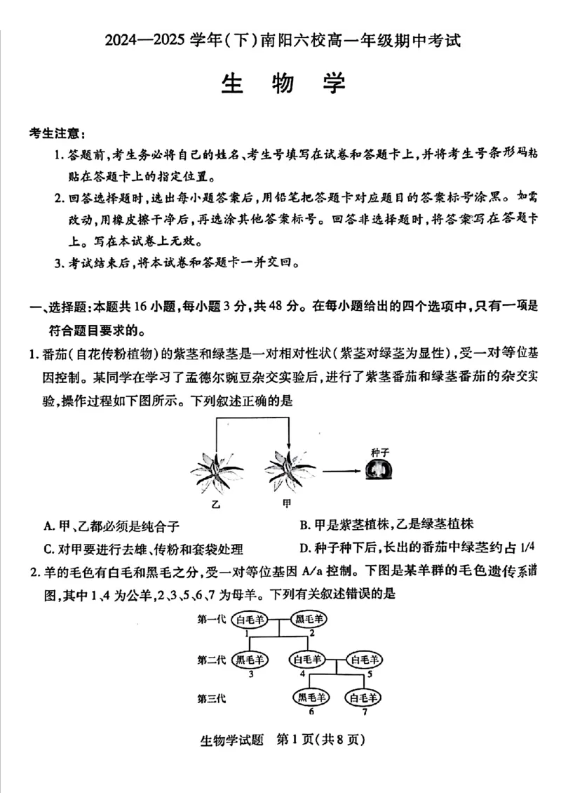 河南省南阳六校2024-2025学年高一下学期期中考试生物PDF版含解析_2024-2025高一（7-7月题库）_2025年04月试卷_0424河南省南阳市六校2024-2025学年高一下学期期中考试