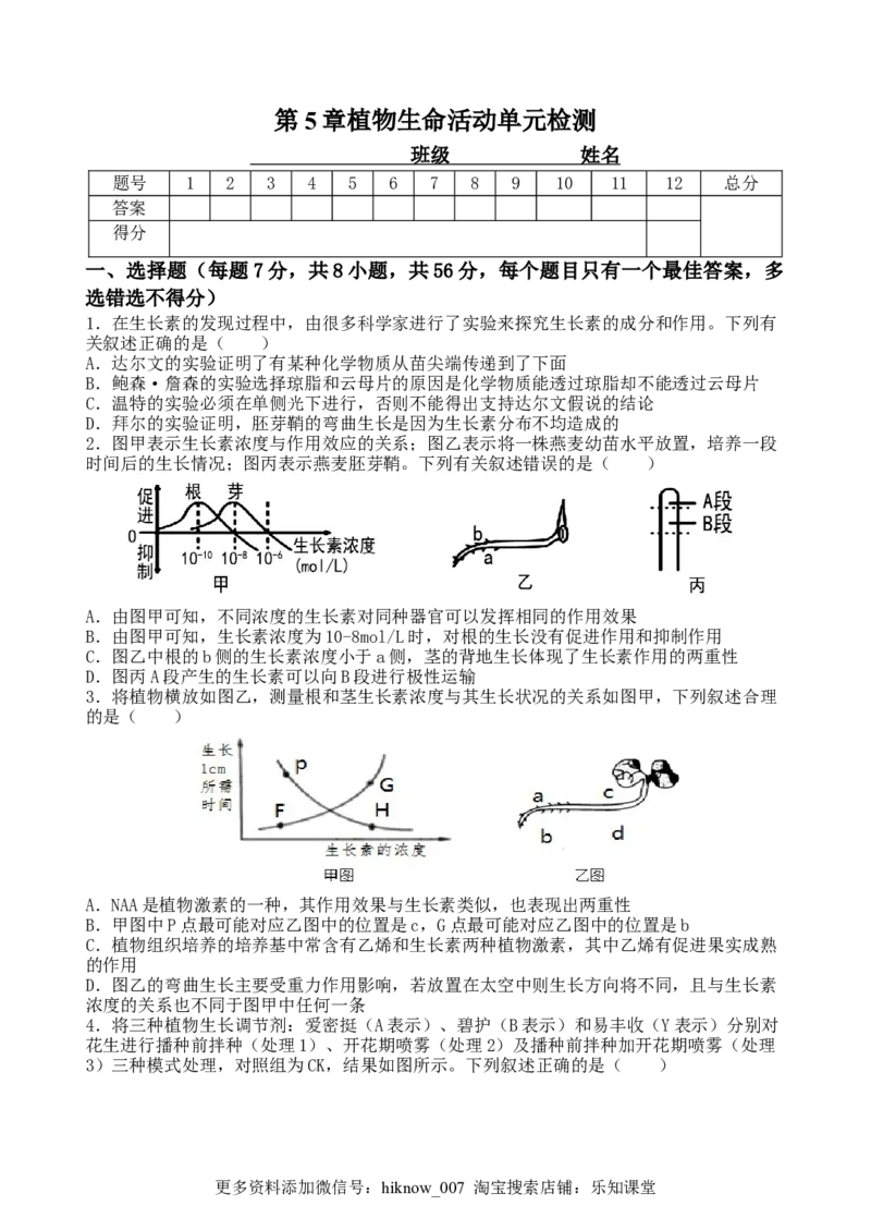 第5章植物生命活动单元检测-2022-2023学年高二上学期生物人教版2019选择性必修1_E015高中全科试卷_生物试题_选修1_1.单元测试_2.单元测试（第二套）_第五章