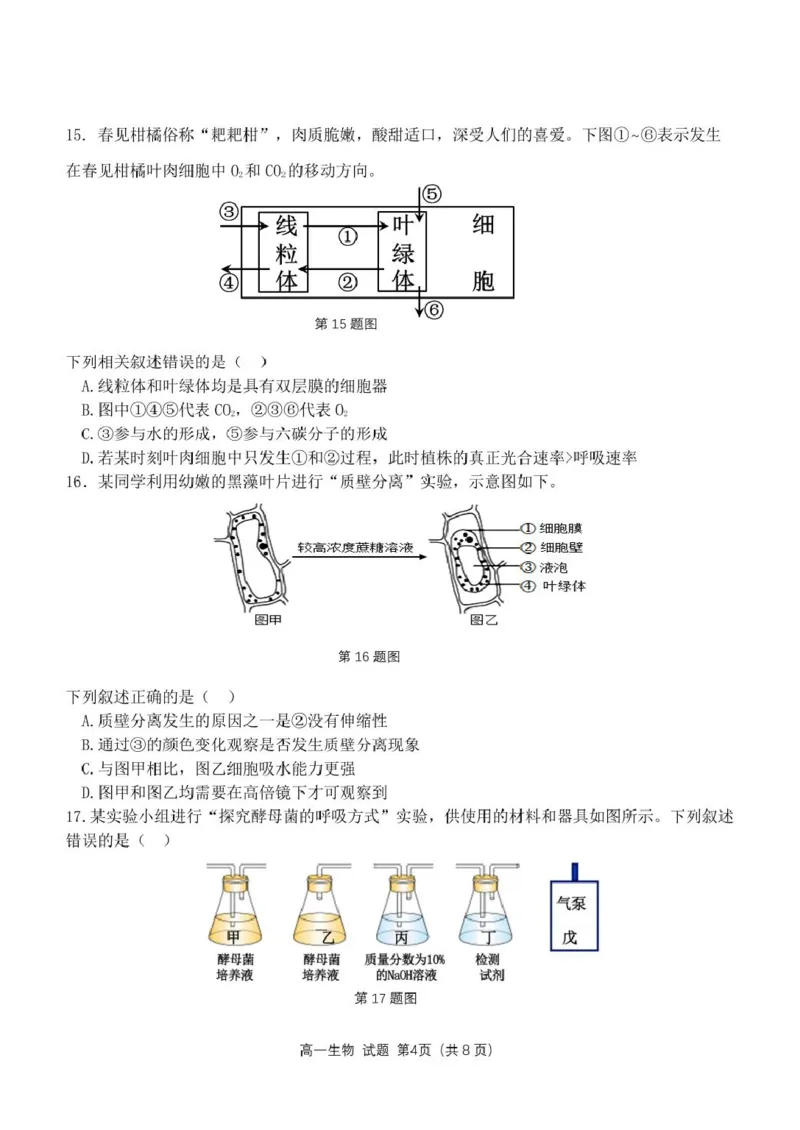 浙江省杭州市联谊学校2024-2025学年高一下学期3月月考生物试题（PDF版，无答案）_2024-2025高一（7-7月题库）_2025年04月试卷_0419浙江省杭州市联谊学校2024-2025学年高一下学期3月月考