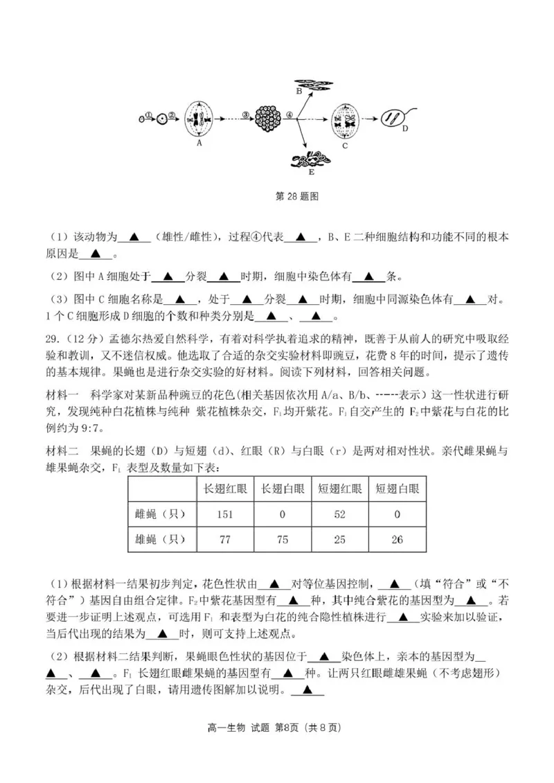 浙江省杭州市联谊学校2024-2025学年高一下学期3月月考生物试题（PDF版，无答案）_2024-2025高一（7-7月题库）_2025年04月试卷_0419浙江省杭州市联谊学校2024-2025学年高一下学期3月月考
