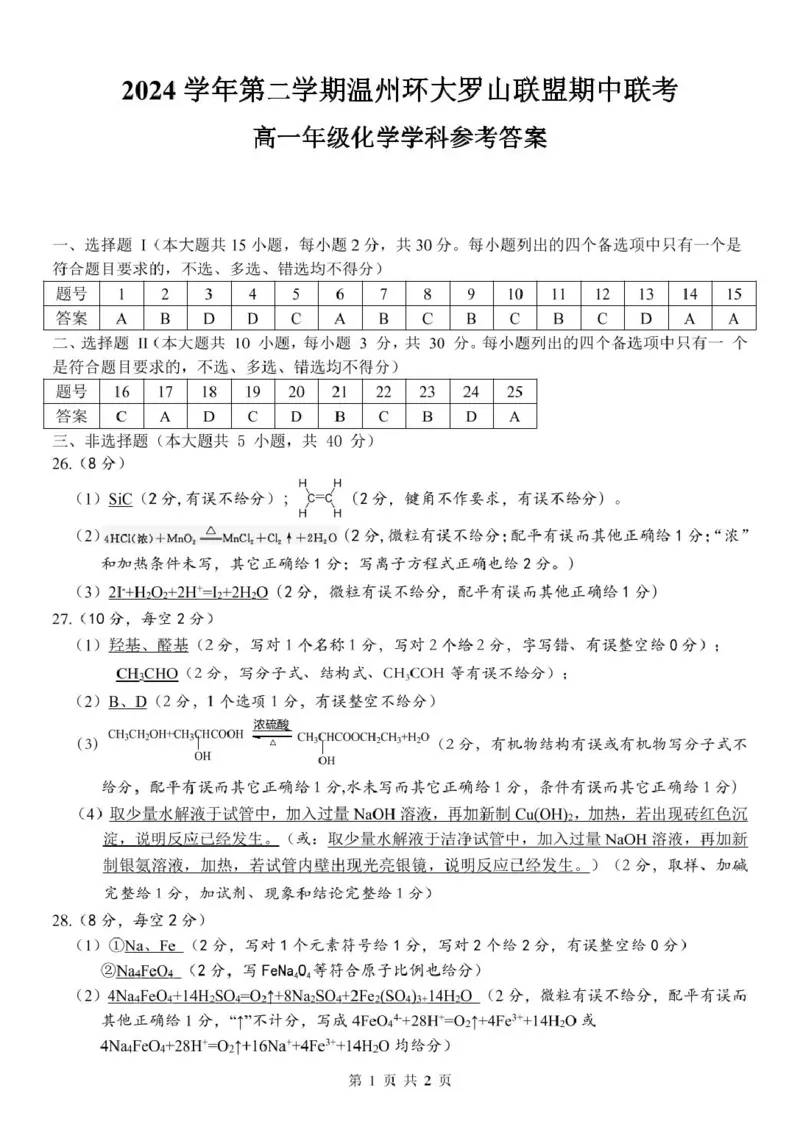 浙江省温州市环大罗山联盟2024-2025学年高一下学期期中考试化学PDF版含答案_2024-2025高一（7-7月题库）_2025年05月试卷_0519浙江省温州市环大罗山联盟2024-2025学年高一下学期期中考试