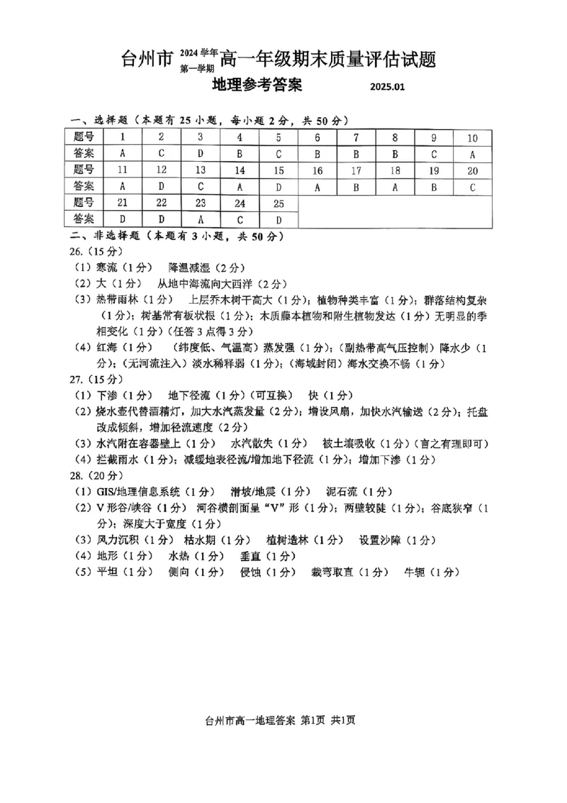 浙江省台州市2024学年第一学期高一年级期末质量评估试题地理（PDF版，含答案）_2024-2025高一（7-7月题库）_2025年02月试卷_0218浙江省台州市2024-2025学年高一上学期期末质量评估考试