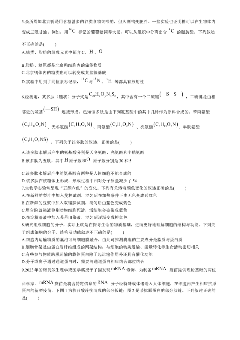 湖南省长沙市长郡中学2024-2025学年高一上学期12月月考生物试题Word版含解析_2024-2025高一（7-7月题库）_2024年12月试卷_1214湖南省长沙市长郡中学2024-2025学年高一上学期12月月考