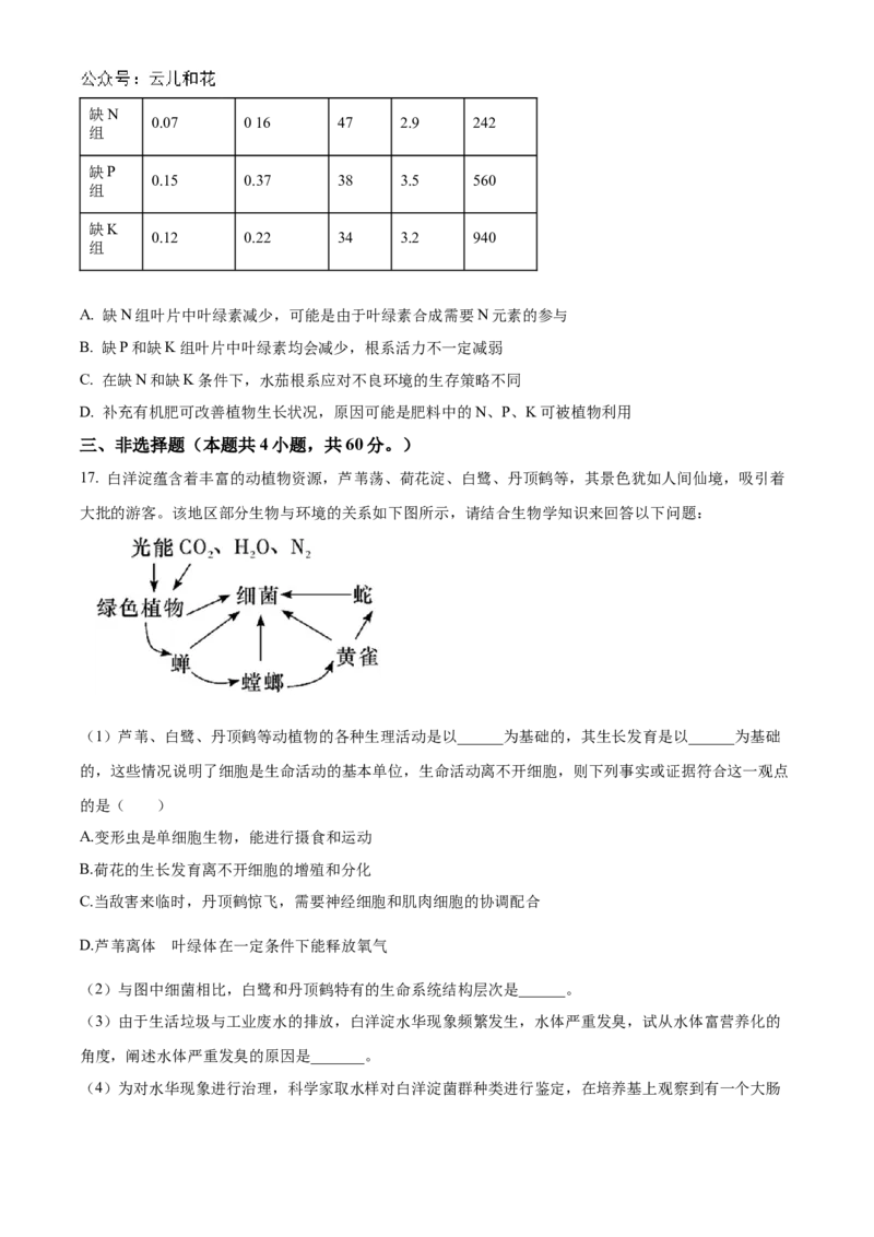 湖南省名校联考联合体2024-2025学年高一上学期第一次联考生物试题Word版无答案_2024-2025高一（7-7月题库）_2024年10月试卷
