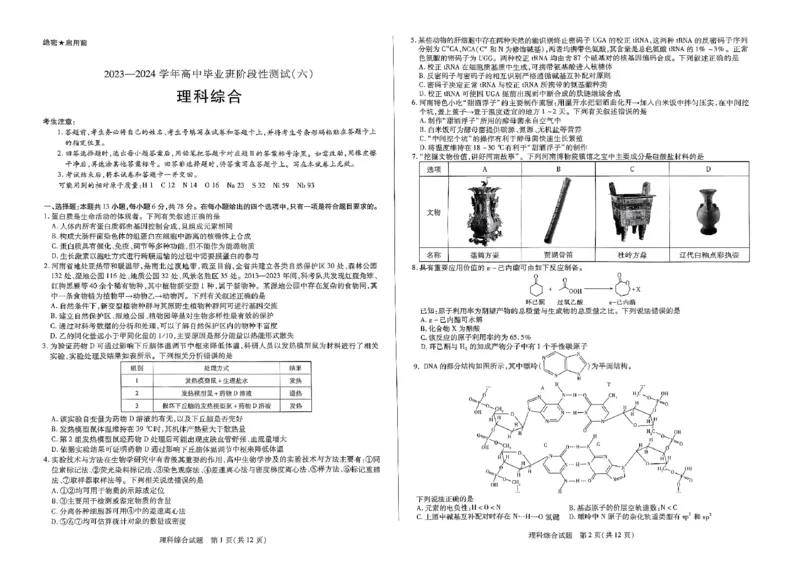 扫描件_理科综合)_2024年2月_01每日更新_27号_2024届河南省天一大联考高三阶段性测试（六）_河南省天一大联考2024届高三阶段性测试（六）理综