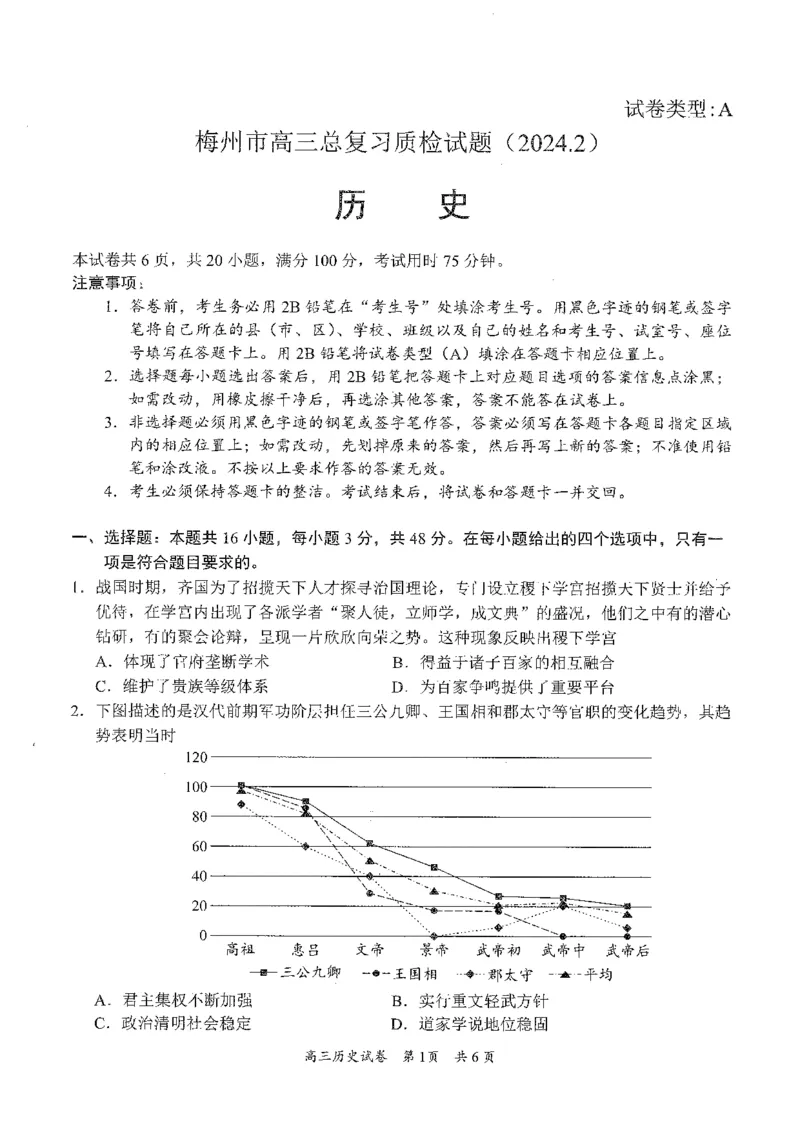 广东省梅州市2023-2024学年高三下学期总复习质检试题（一模）历史(1)_2024年2月_022月合集_2024届广东省梅州市高三下学期总复习质检试题（一模）