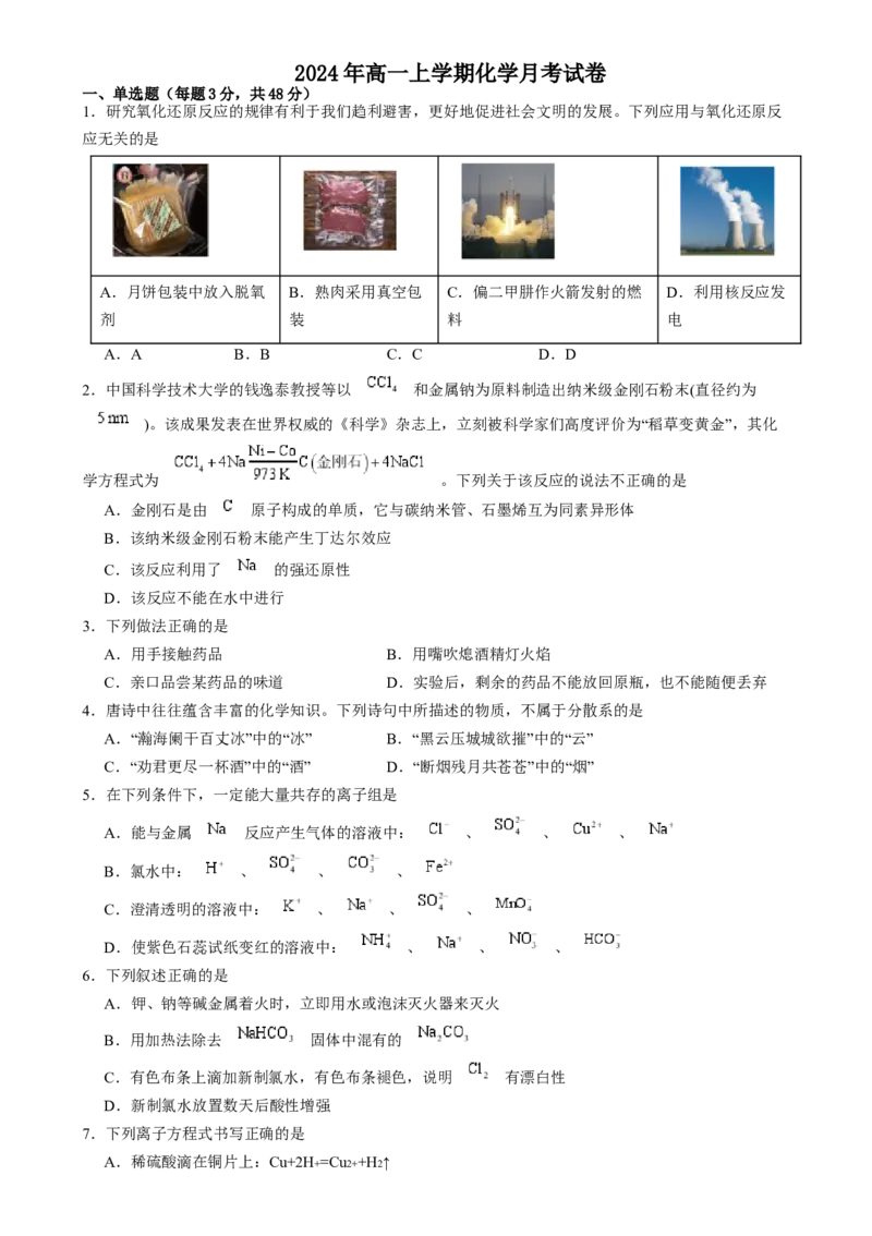 湖南省岳阳市岳阳县第一中学2024-2025学年高一上学期12月月考化学试题Word版含答案_2024-2025高一（7-7月题库）_2025年01月试卷