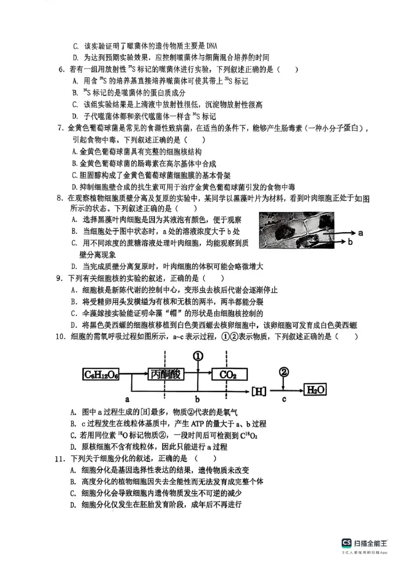 浙江省G5联盟2024-2025学年高一下学期期中考试生物试题（图片版，无答案）_2024-2025高一（7-7月题库）_2025年05月试卷_0506浙江省G5联盟2024-2025学年高一下学期期中考试