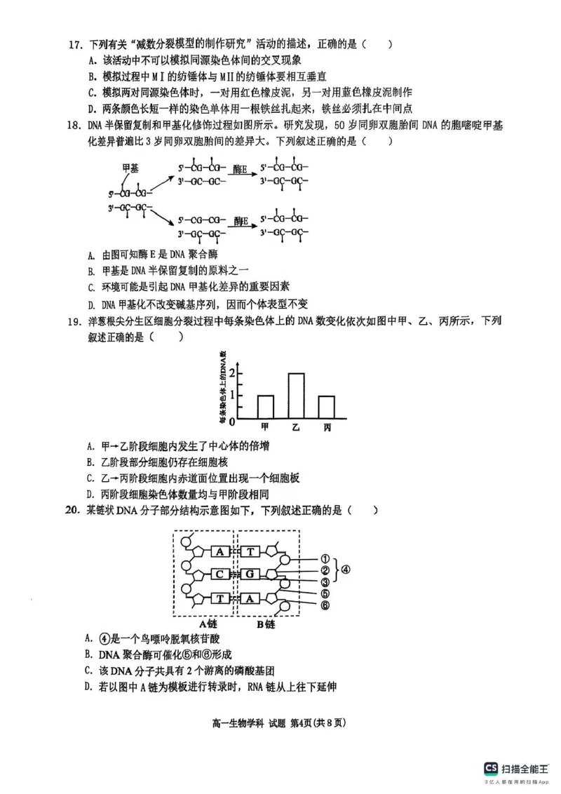 浙江省G5联盟2024-2025学年高一下学期期中考试生物试题（图片版，无答案）_2024-2025高一（7-7月题库）_2025年05月试卷_0506浙江省G5联盟2024-2025学年高一下学期期中考试