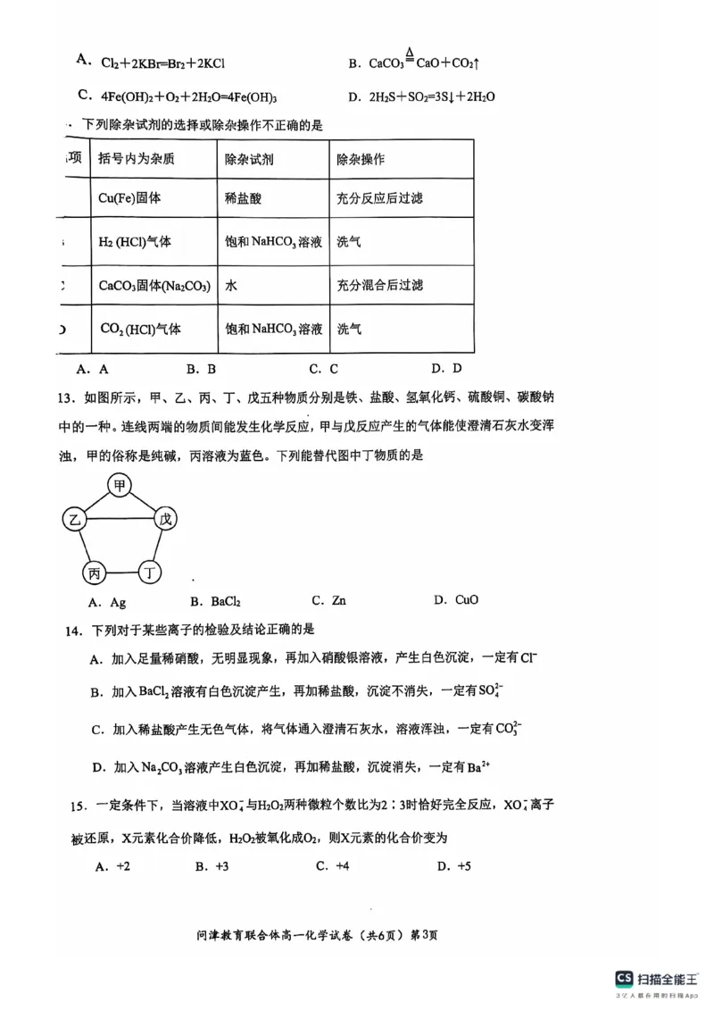 湖北省武汉市问津教育联合体2024-2025学年高一上学期10月联考试题化学PDF版含解析_2024-2025高一（7-7月题库）_2024年11月试卷_1106湖北省问津教育联合体2024-2025学年高一上学期10月联考
