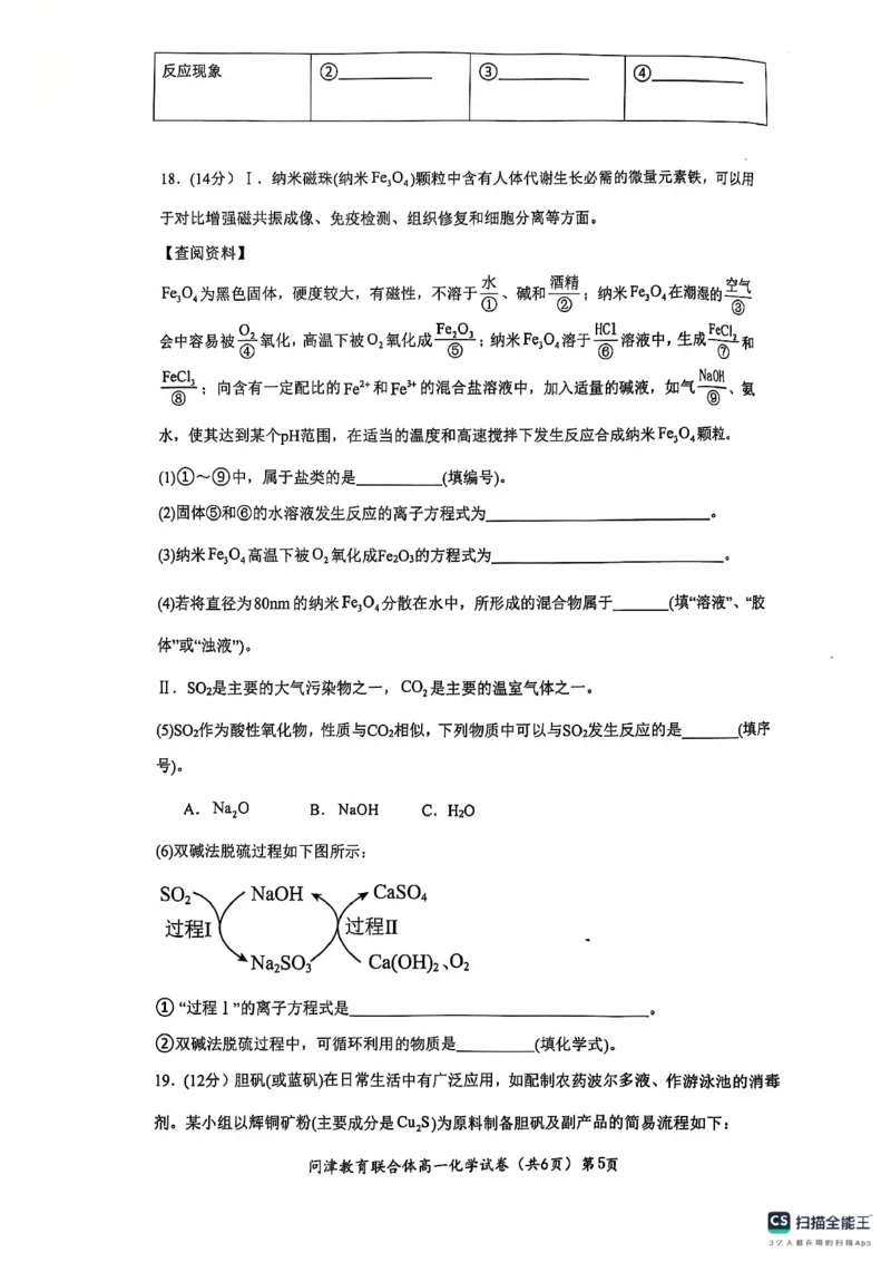 湖北省武汉市问津教育联合体2024-2025学年高一上学期10月联考试题化学PDF版含解析_2024-2025高一（7-7月题库）_2024年11月试卷_1106湖北省问津教育联合体2024-2025学年高一上学期10月联考