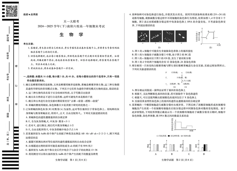 生物南阳六校高一下期末_2024-2025高一（7-7月题库）_2025年7月_250703天一大联考&middot;河南省2024-2025学年（下）南阳六校高一年级期末考试