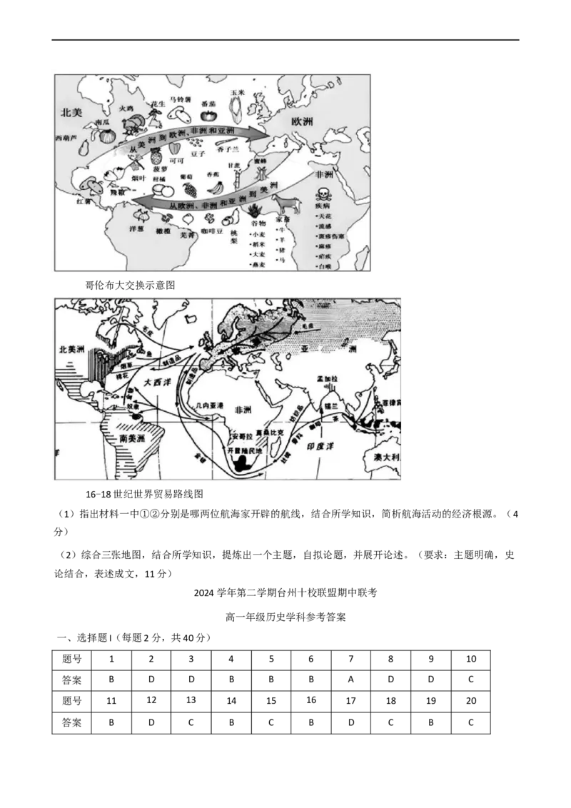 浙江省台州市十校联盟2024-2025学年高一下学期期中联考历史试题（含答案）_2024-2025高一（7-7月题库）_2025年05月试卷_0503浙江省台州市十校2024-2025学年高一下学期4月期中考试