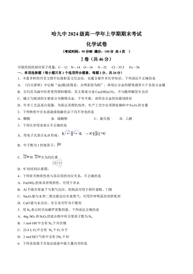 黑龙江省哈尔滨市第九中学2024-2025学年高一上学期期末考试化学Word版含答案_2024-2025高一（7-7月题库）_2025年01月试卷_0115黑龙江省哈尔滨市第九中学2024-2025学年高一上学期期末考试