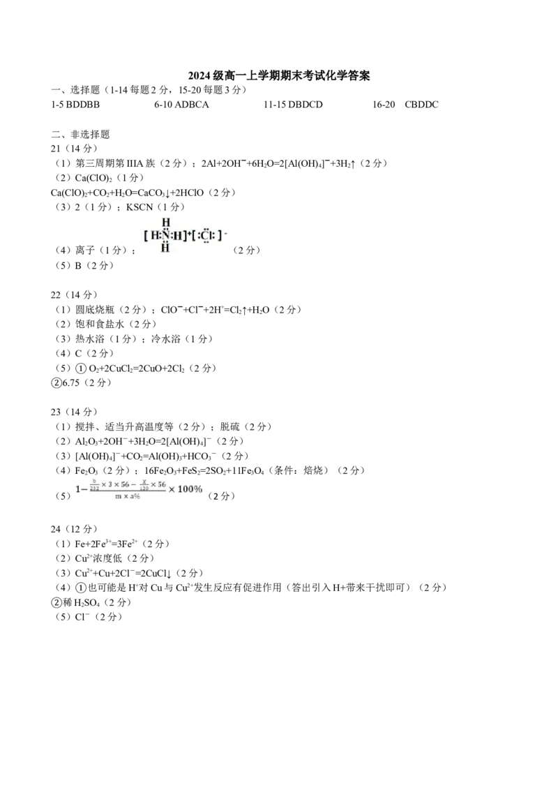 黑龙江省哈尔滨市第九中学2024-2025学年高一上学期期末考试化学Word版含答案_2024-2025高一（7-7月题库）_2025年01月试卷_0115黑龙江省哈尔滨市第九中学2024-2025学年高一上学期期末考试