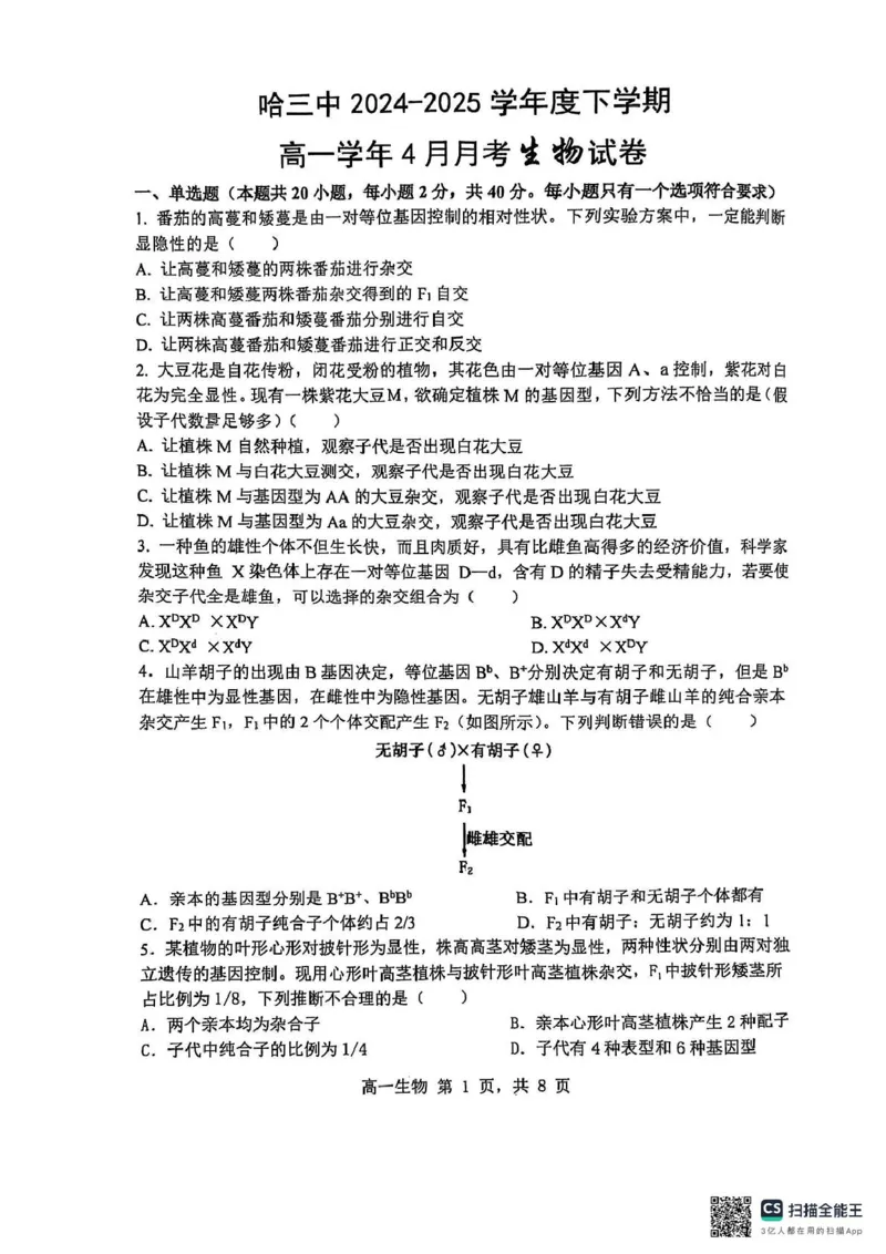 黑龙江省哈尔滨市第三中学校2024-2025学年高一下学期4月月考生物试题（PDF版，无答案）_2024-2025高一（7-7月题库）_2025年04月试卷
