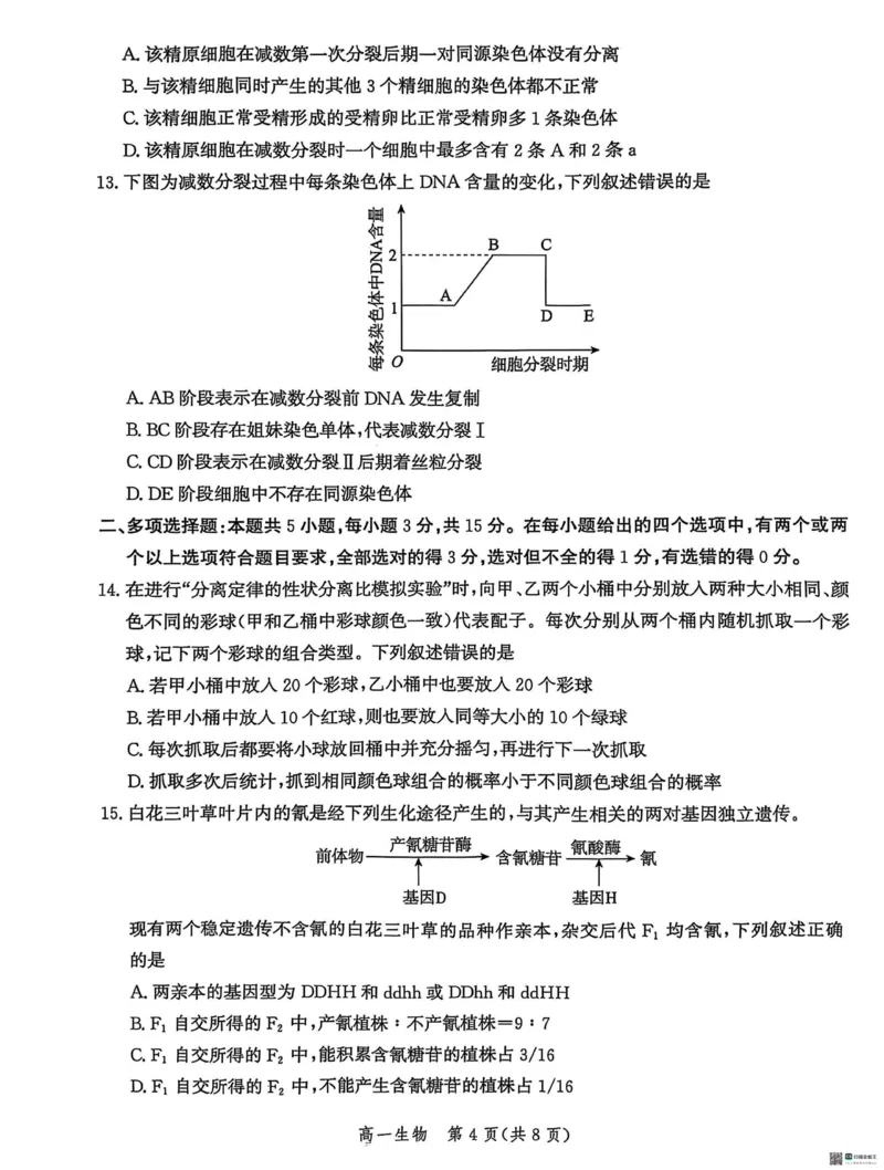 河北省省级示范高中联合测评2024-2025学年高一下学期3月月考生物试题（扫描版有解析）_2024-2025高一（7-7月题库）_2025年03月试卷