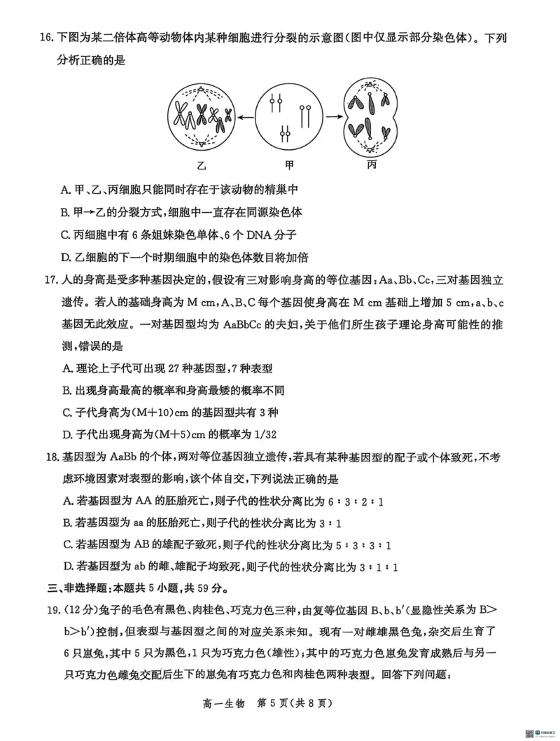 河北省省级示范高中联合测评2024-2025学年高一下学期3月月考生物试题（扫描版有解析）_2024-2025高一（7-7月题库）_2025年03月试卷