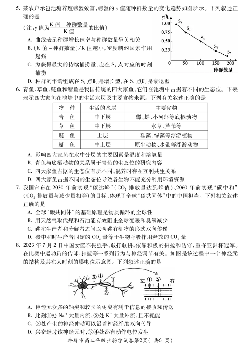 安徽省蚌埠市2024届高三年级第三次教学质量检查考试生物试卷_2024年2月_01每日更新_26号_2024届安徽省蚌埠市高三下学期第三次教学质量检查考试