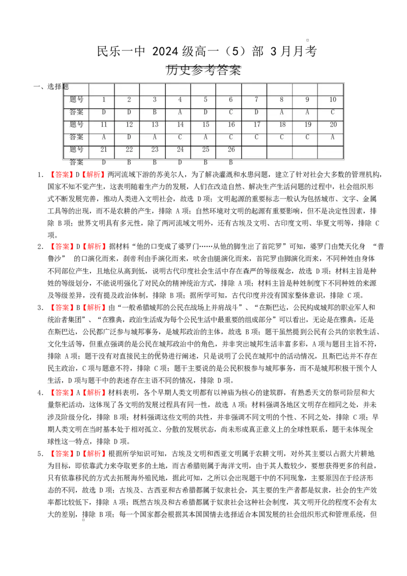 甘肃省张掖市民乐县第一中学2024-2025学年高一下学期3月月考历史（含答案解析）_2024-2025高一（7-7月题库）_2025年03月试卷_0312甘肃省张掖市民乐县第一中学2024-2025学年高一下学期3月月考