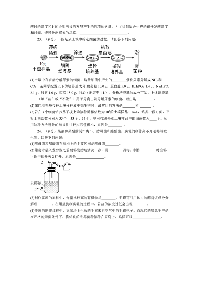 第1章发酵工程（基础突破卷）-2022-2023学年高二生物基础与培优高效突破测试卷（人教版2019选择性必修3）（原卷版）_E015高中全科试卷_生物试题_选修3_1.单元测试_1.单元测试2023