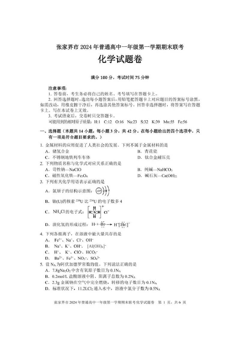 湖南省张家界市2024-2025学年高一上学期期末考试化学PDF版含答案_2024-2025高一（7-7月题库）_2025年01月试卷_0126湖南省张家界市2024-2025学年高一上学期期末考试
