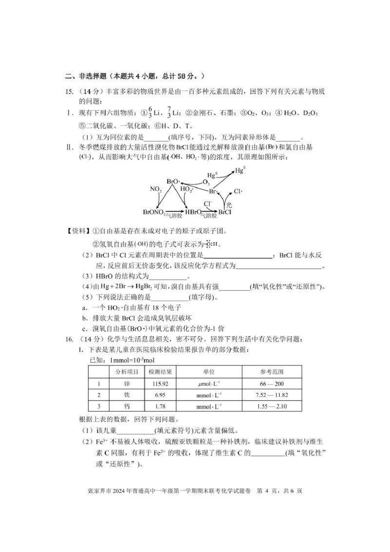 湖南省张家界市2024-2025学年高一上学期期末考试化学PDF版含答案_2024-2025高一（7-7月题库）_2025年01月试卷_0126湖南省张家界市2024-2025学年高一上学期期末考试