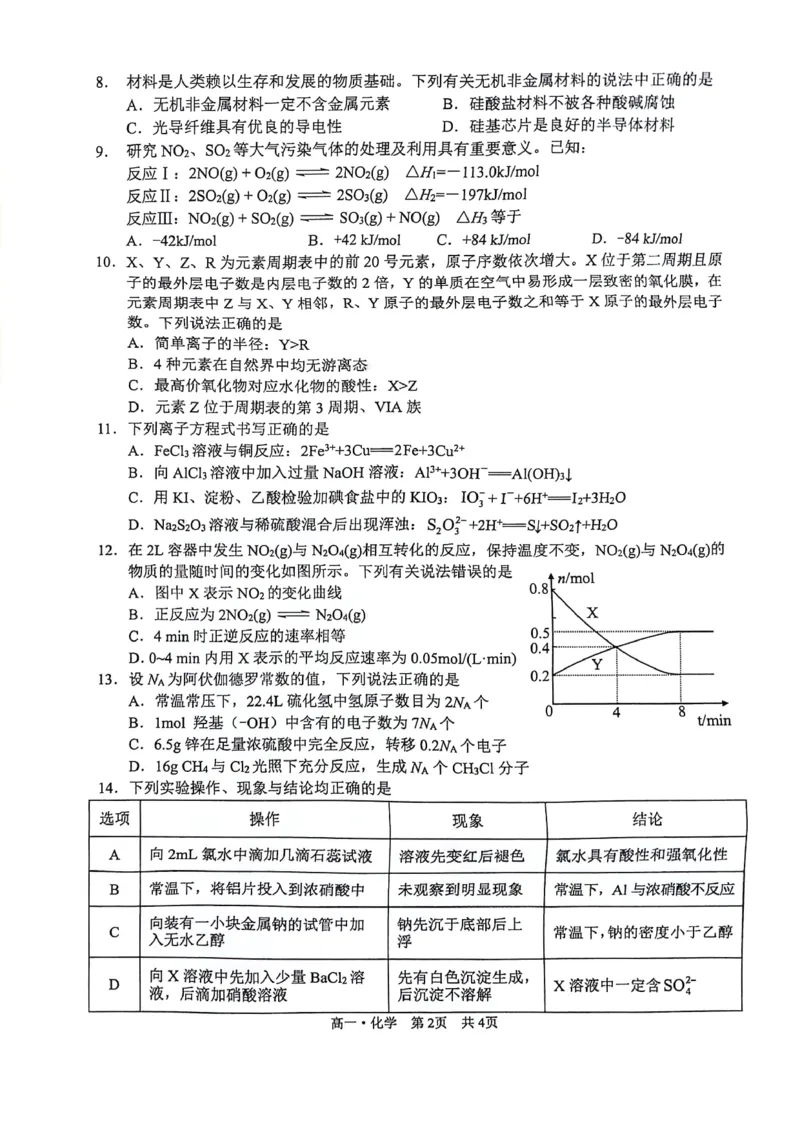 泸州市高2023级高一学年末统一考化学试题_2024-2025高一（7-7月题库）_2024年7月试卷_0729四川省泸州市2023-2024学年高一下学期期末考试