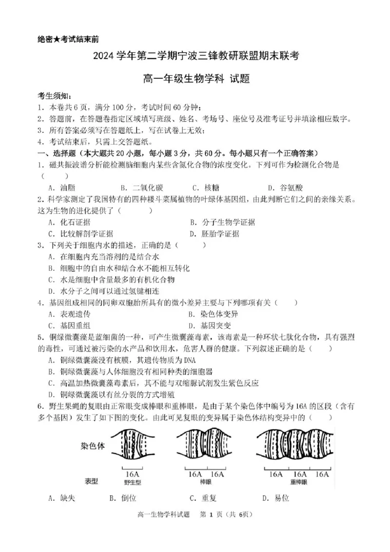 浙江省宁波市三锋联盟2024-2025学年高一下学期期末联考生物试题_2024-2025高一（7-7月题库）_2025年7月_250702浙江宁波市三锋教研联盟2024-2025学年高一下学期6月期末联考