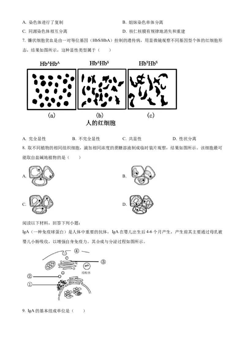 浙江省强基联盟2024-2025学年高一下学期3月月考生物试题（有答案）_2024-2025高一（7-7月题库）_2025年04月试卷_0412浙江省强基联盟2024-2025学年高一下学期3月月考