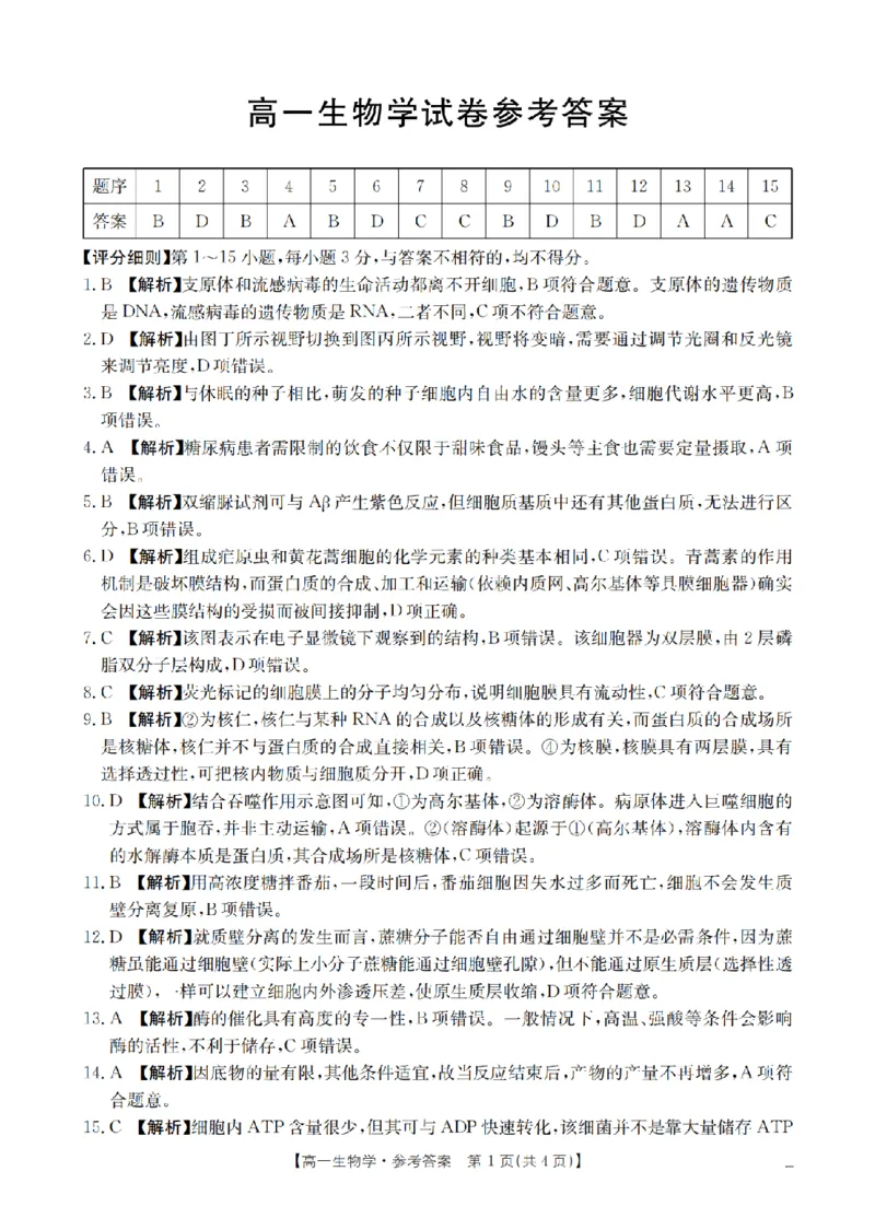 生物学答案_扫描版_2024-2025高一（7-7月题库）_2026年1月高一_260128四川省多校2025-2026学年高一上学期12月月考（全）