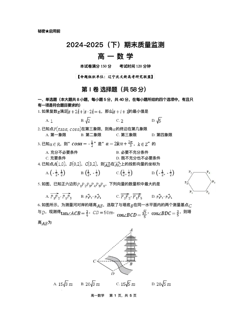 辽宁省沈文新高考研究联盟2024-2025学年高一下学期7月期末质量监测数学试题_2024-2025高一（7-7月题库）_2025年7月_250708辽宁省沈文新高考研究联盟2024-2025学年高一下学期7月期末考试试题