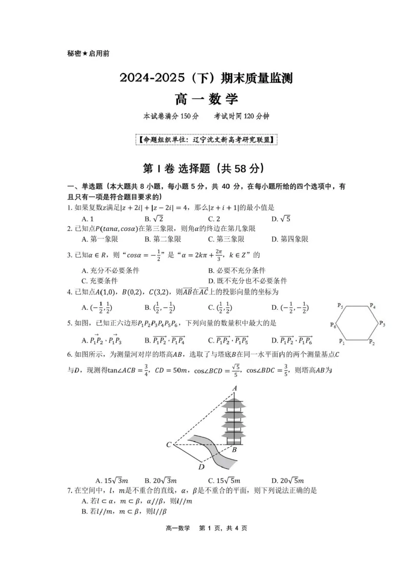辽宁省沈文新高考研究联盟2024-2025学年高一下学期7月期末质量监测数学试题_2024-2025高一（7-7月题库）_2025年7月_250708辽宁省沈文新高考研究联盟2024-2025学年高一下学期7月期末考试试题