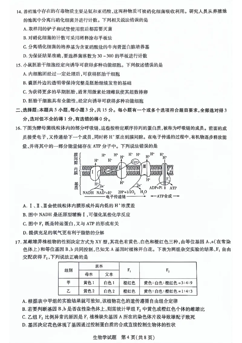 山东省齐鲁名校联盟2023-2024学年高三下学期开学质量检测生物(1)_2024年2月_022月合集_2024届天一大联考山东省齐鲁名校联盟高三下学期级开学质量检测